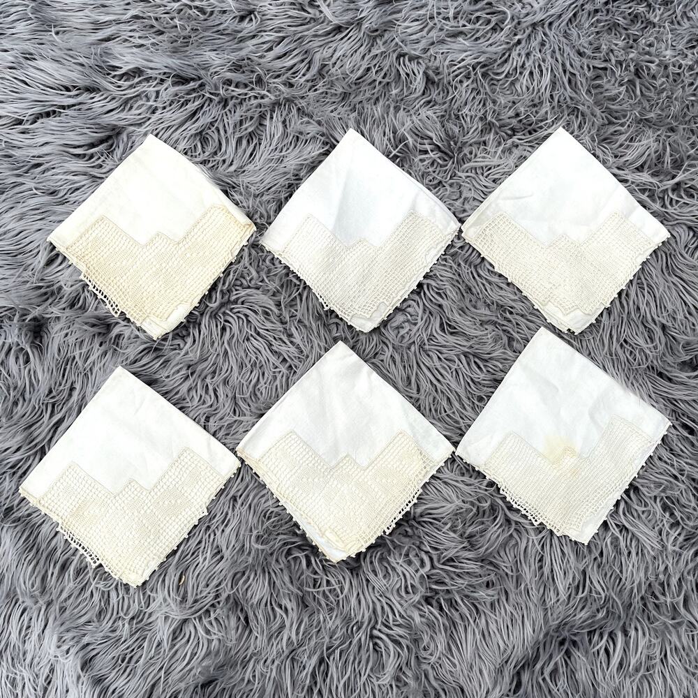 LOT 6 Vintage Matching Napkins Crochet Lace Edge Kitchen Set Cream Table Linens